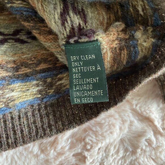 VTG Lauren Ralph Womens XL 100% Lambswool Fair Isle Cardigan Sweater Brown/Tan - Picture 9 of 9